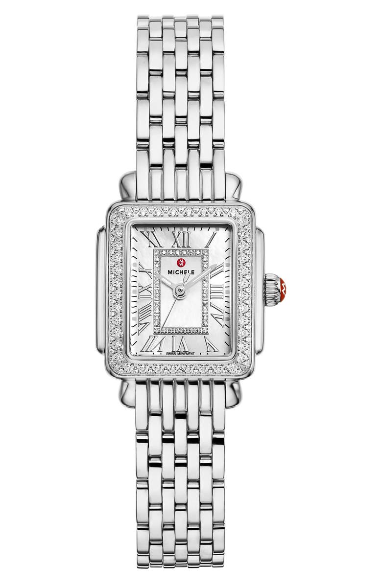 MICHELE Mini Deco Madison Two-Tone 18K Gold Plate Diamond Bracelet Watch, 23mm x 24mm, Main, color, Silver