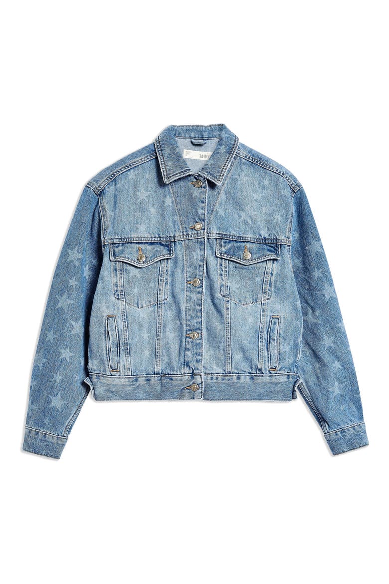 MOTO Laser Star Print Boxy Denim Jacket, Alternate, color, MID DENIM MULTI