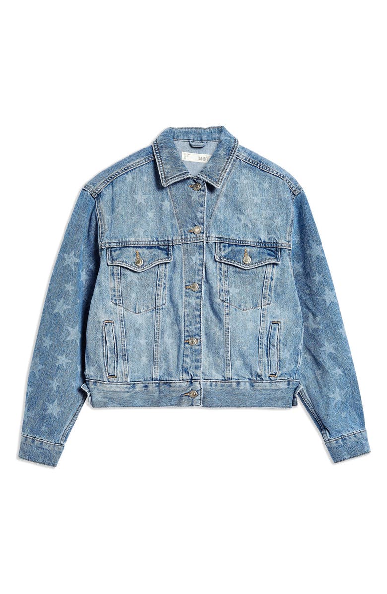 Topshop MOTO Laser Star Print Boxy Denim Jacket, Alternate, color, 