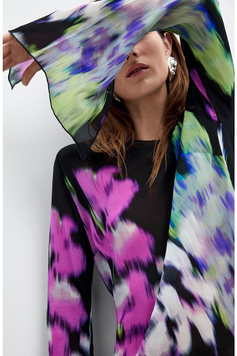 Printed Bell Sleeve Top, Alternate, color, BLACK
