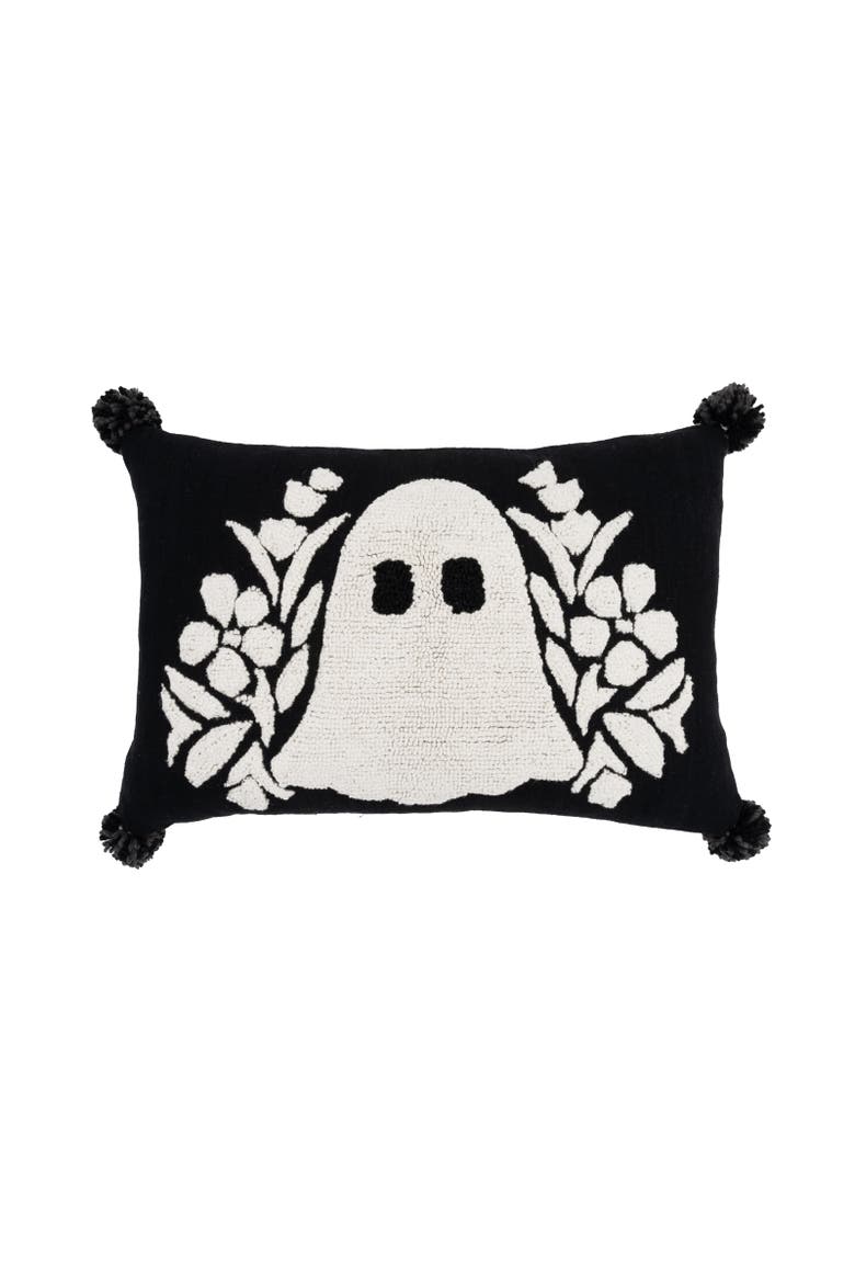 Skully Ghost Halloween Hooked Lumbar Accent Pillow, Main, color, Black