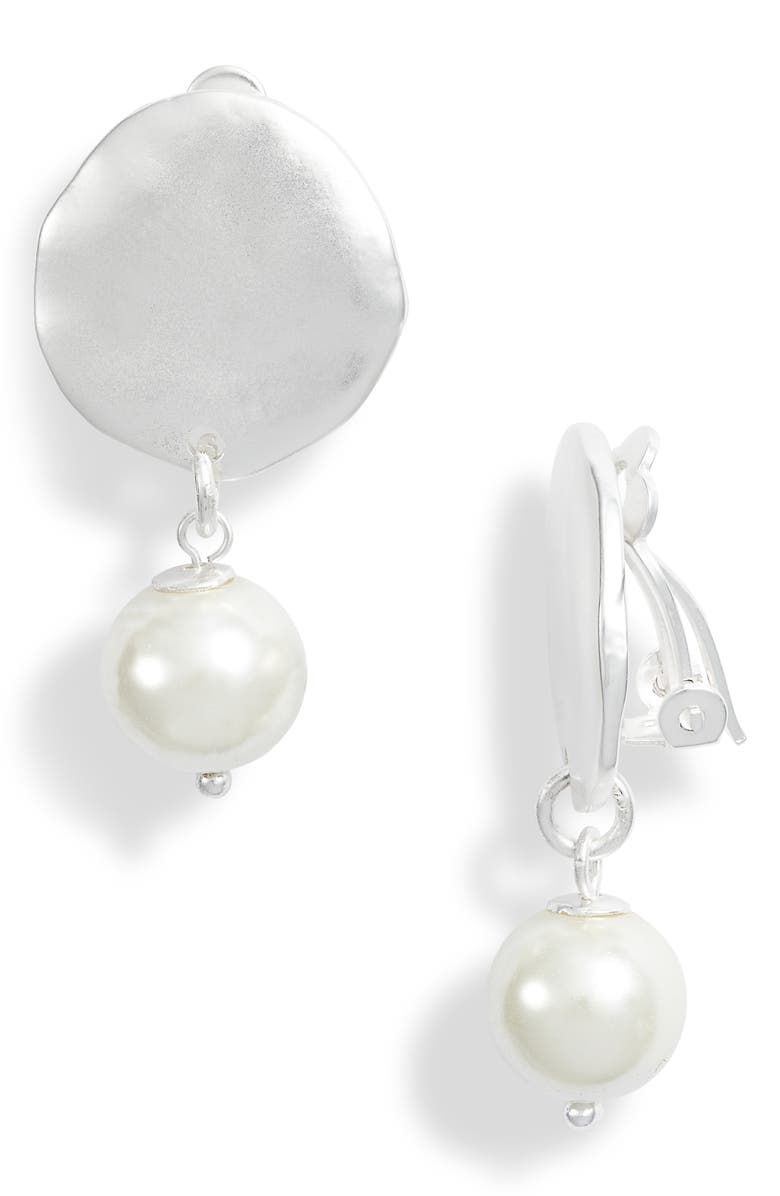 Karine Sultan Hammered Disc Imitation Pearl Clip-On Drop Earrings, Main, color, 