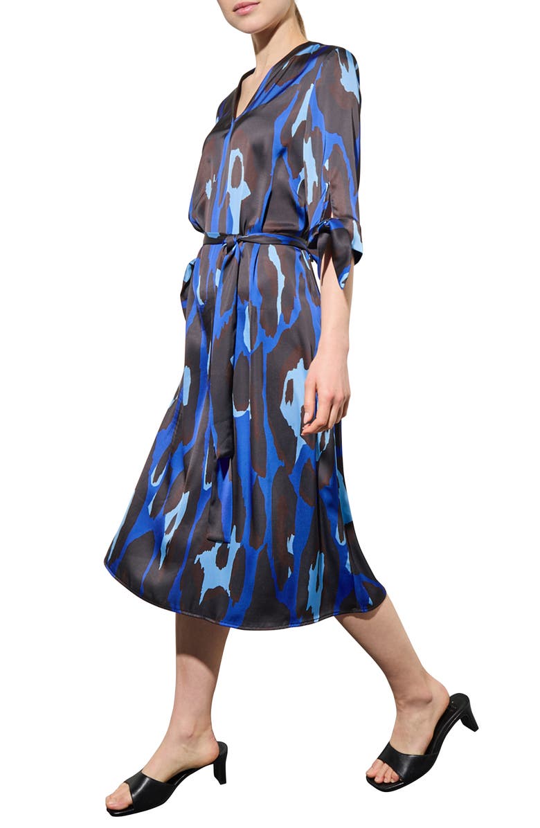 Ming Wang Abstract Animal Crêpe de Chine Midi Shirtdress, Alternate, color, Gentian Blue/Dark Umber/Sky