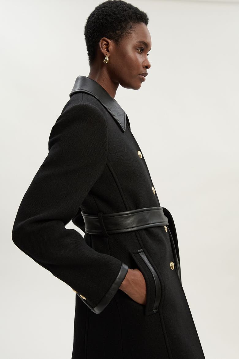 Wool Pu Mix Belted Tailored Maxi Coat, Alternate, color, Black