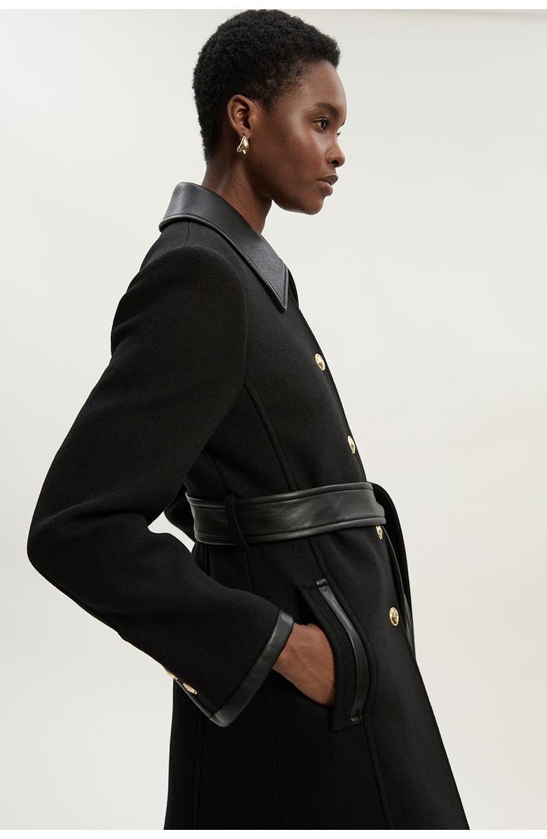 Karen Millen Wool Pu Mix Belted Tailored Maxi Coat, Alternate, color, Black