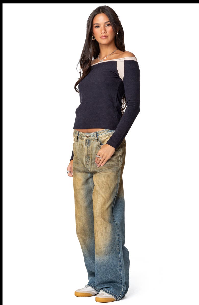 EDIKTED Off the Shoulder Colorblock Thermal Top, Alternate, color, Navy