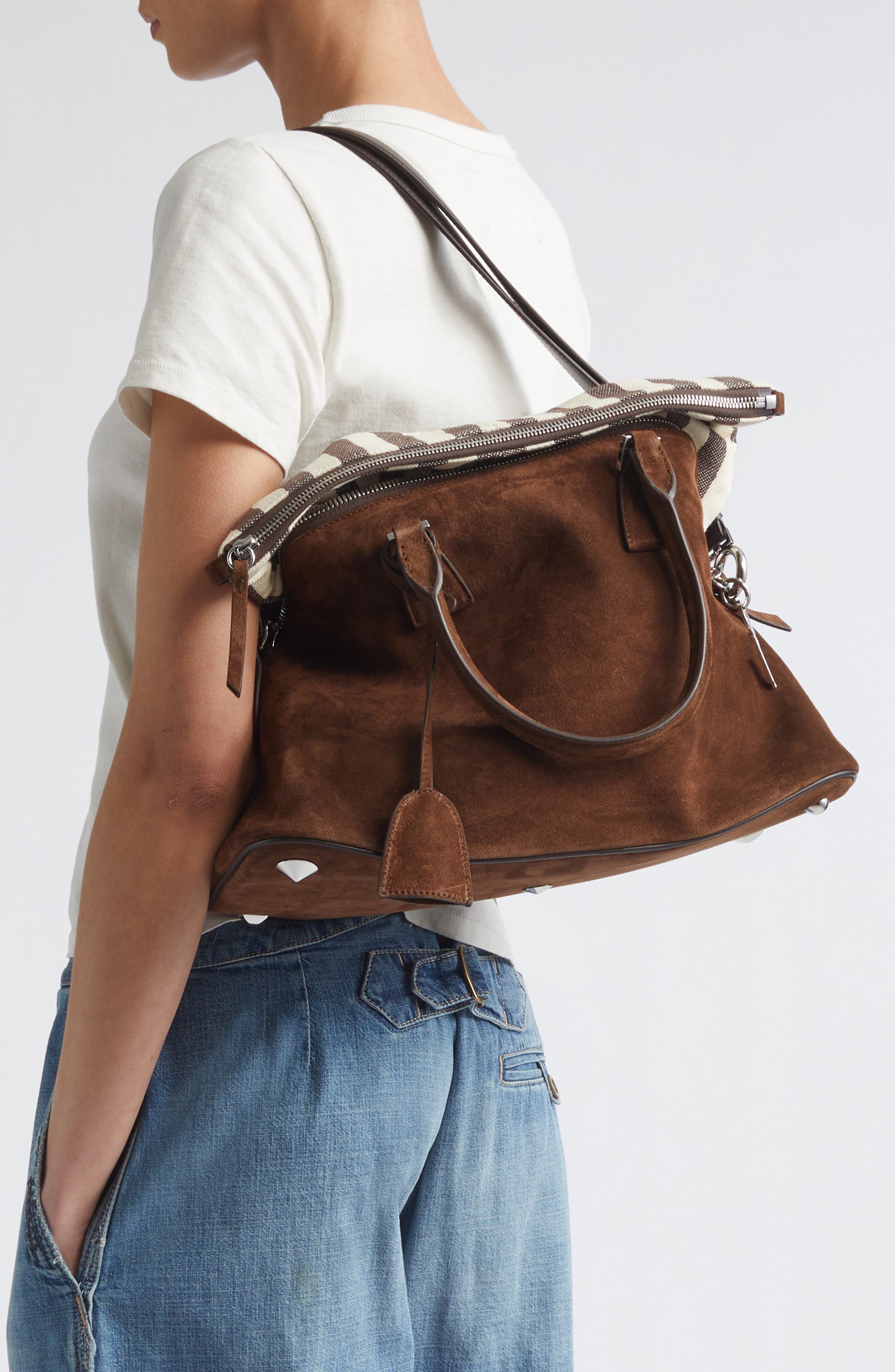 Maison Margiela Medium 5AC Soft Suede & Canvas Handheld Bag, Alternate, color, Roches/ Ivory/ Dark Brown