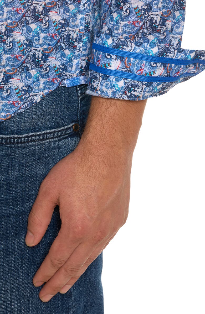 Robert Graham Big Sur Wave Print Linen & Cotton Button-Up Shirt, Alternate, color, 