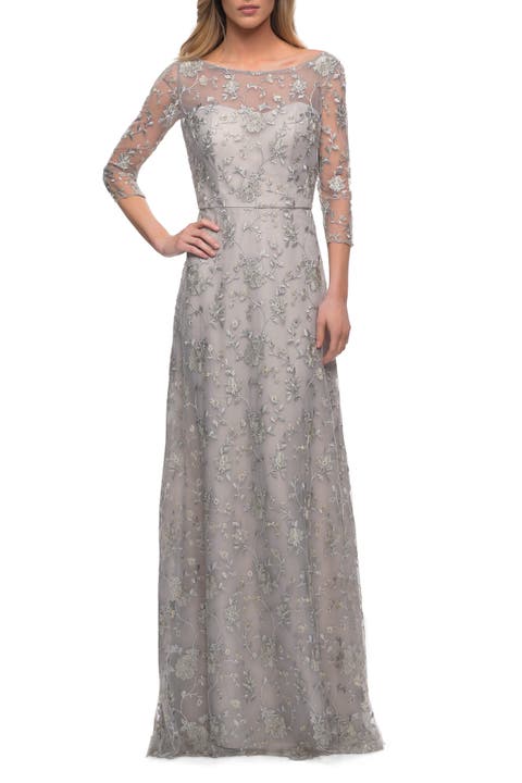 Lace Dress with Three-Quarter Sleeves and Illusion Neckline