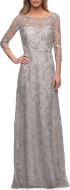 La Femme Lace Dress with Three-Quarter Sleeves and Illusion Neckline