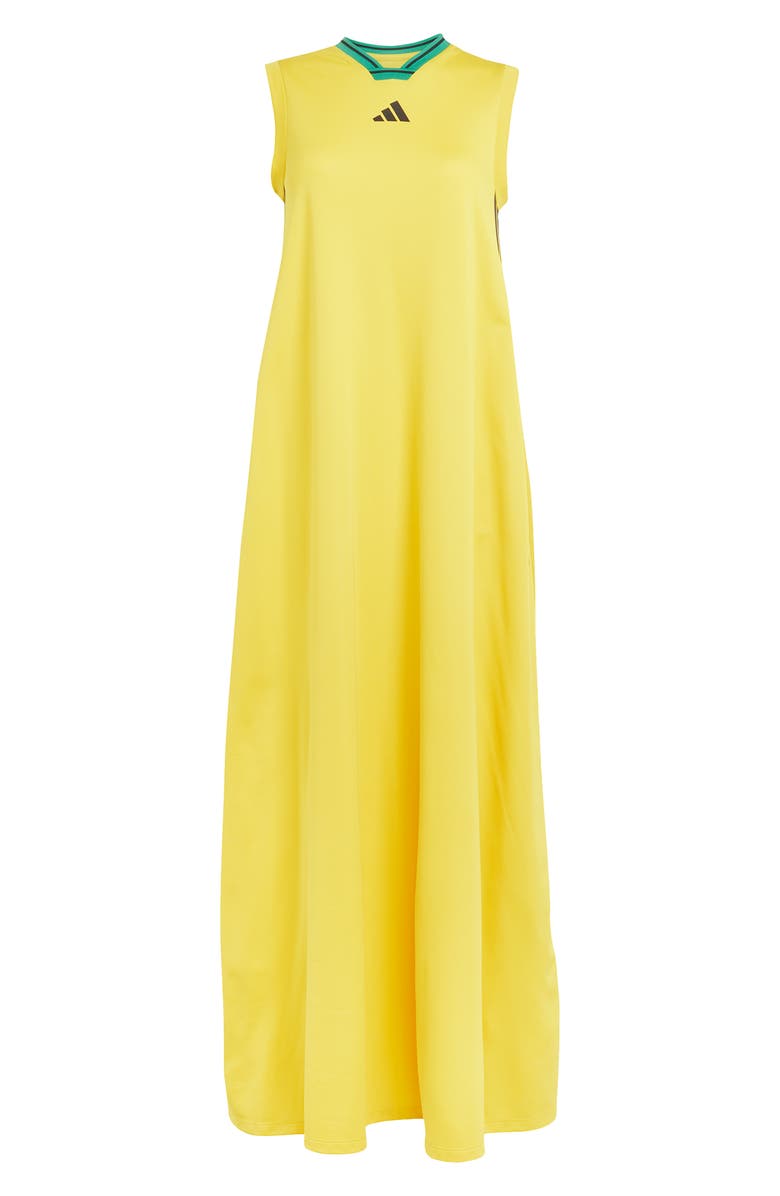 adidas Tiro 3-Stripes Recycled Polyester Mesh Maxi Dress, Alternate, color, Hazy Yellow/ Black/ Bold Green