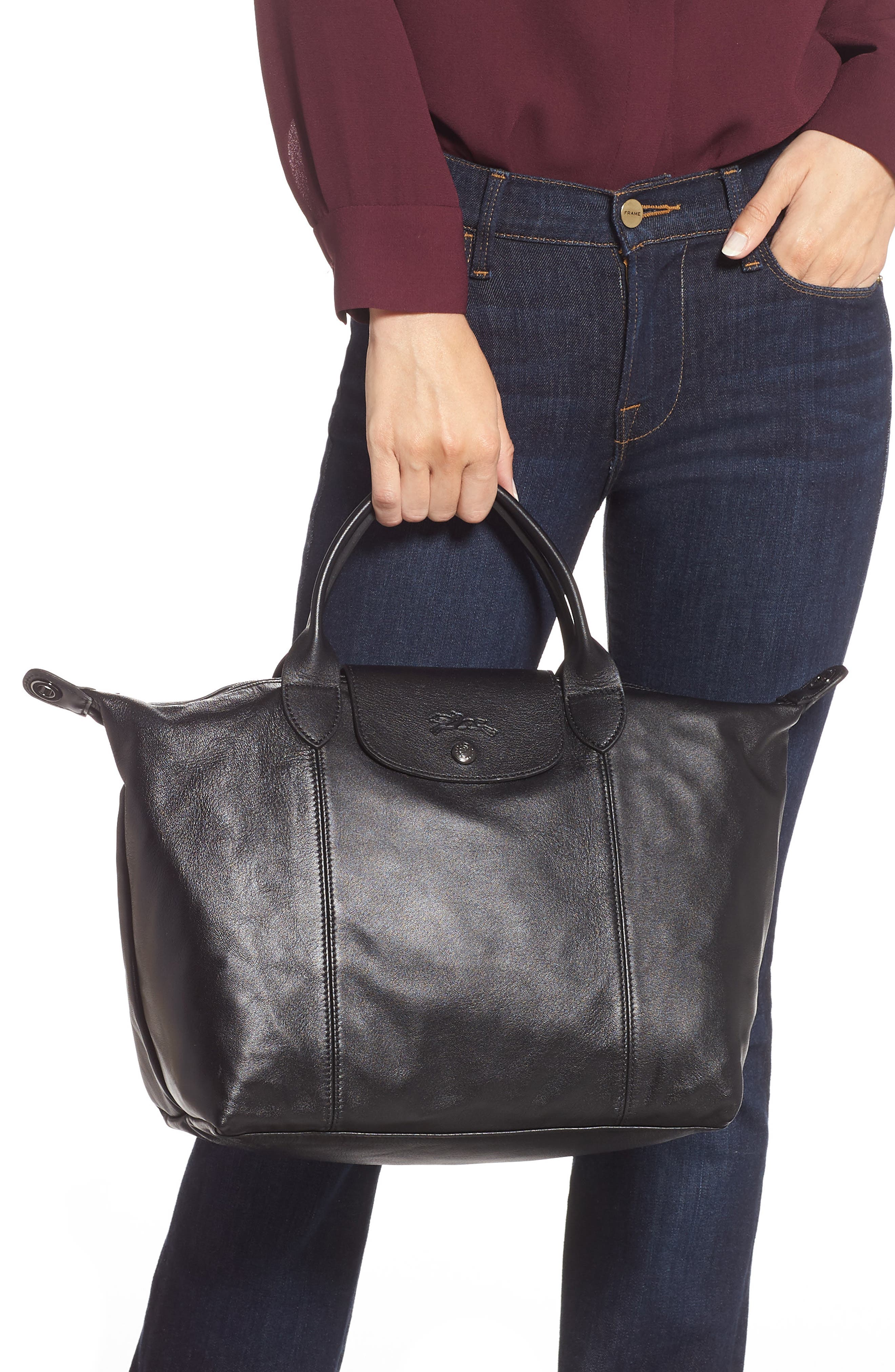 Longchamp Medium Le Pliage Cuir Leather Top Handle Tote, Alternate, color, 