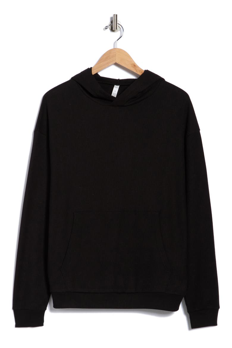 Waffle Knit Pullover Hoodie, Alternate, color, BLACK