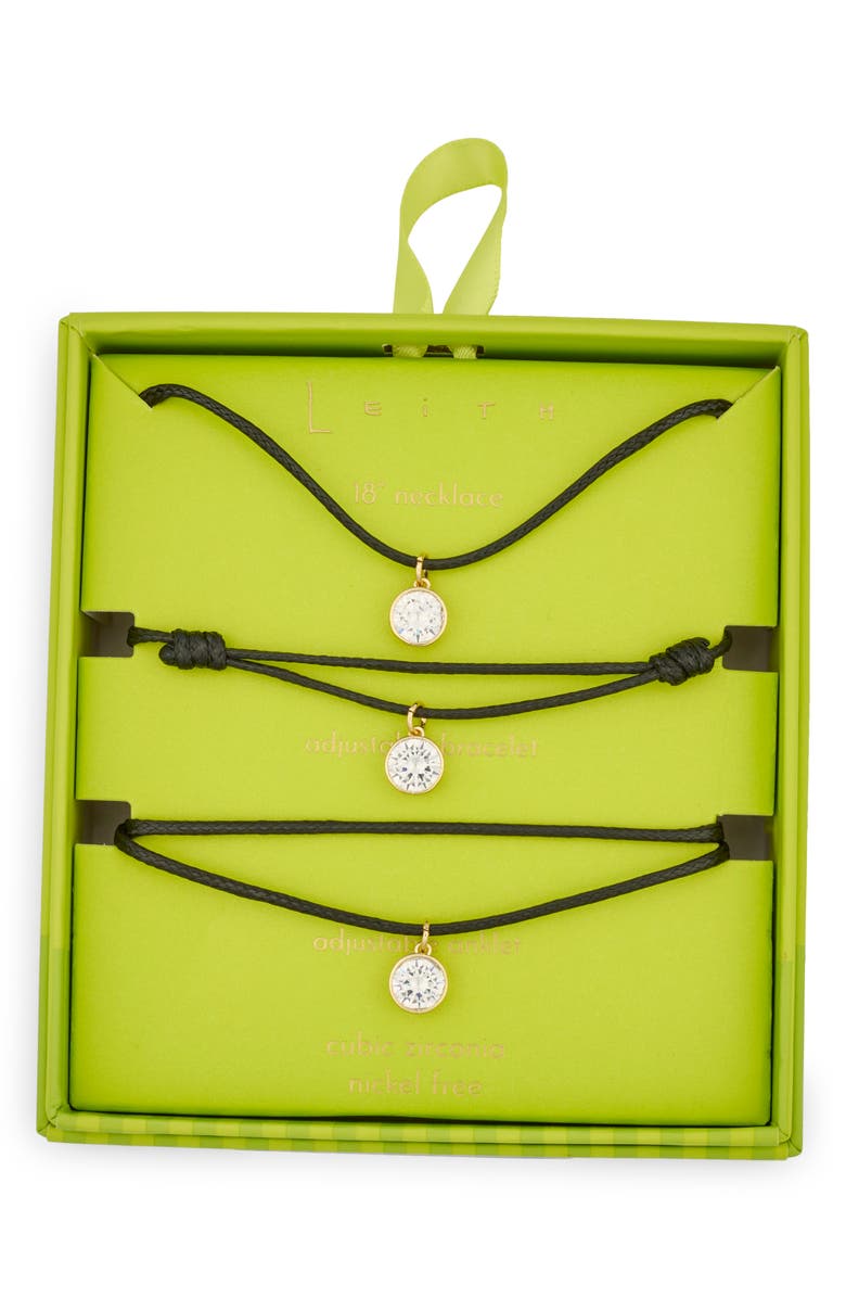 Leith Cubic Zirconia Cord Necklace, Bracelet & Anklet Set, Main, color, Black- Clear- Gold