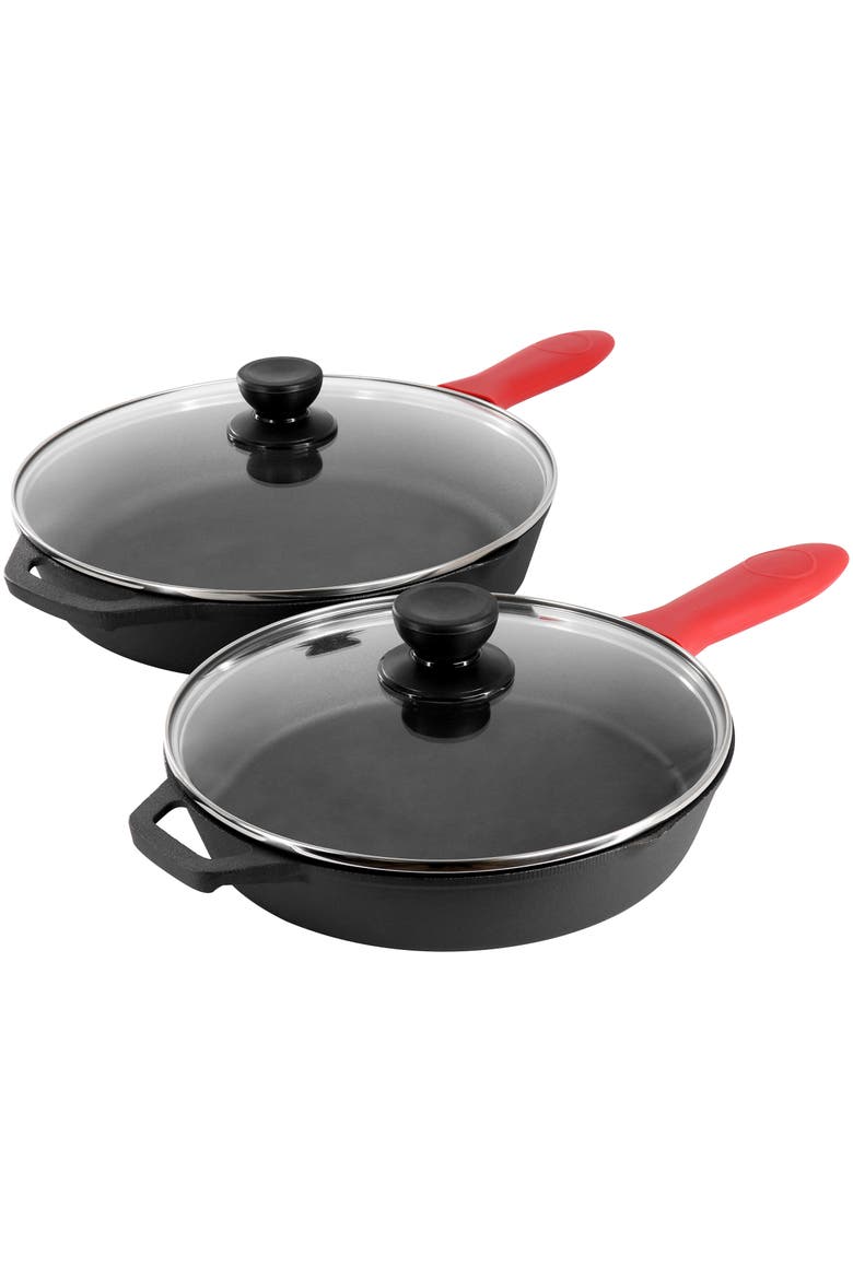 13 Piece Cast Iron Skillet Set with Tempered Glass Lids and Silicone Holders, Alternate, color, Black