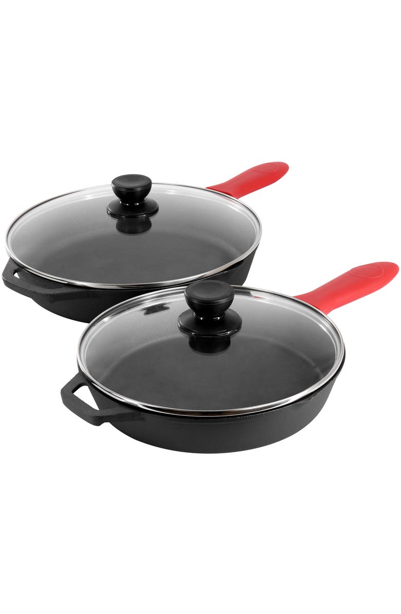 Megachef 13 Piece Cast Iron Skillet Set with Tempered Glass Lids and Silicone Holders, Alternate, color, Black