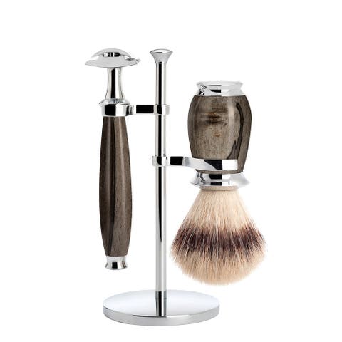 Purist Grained Beech Silvertip Fibre Brush and Safety Razor Shaving Set