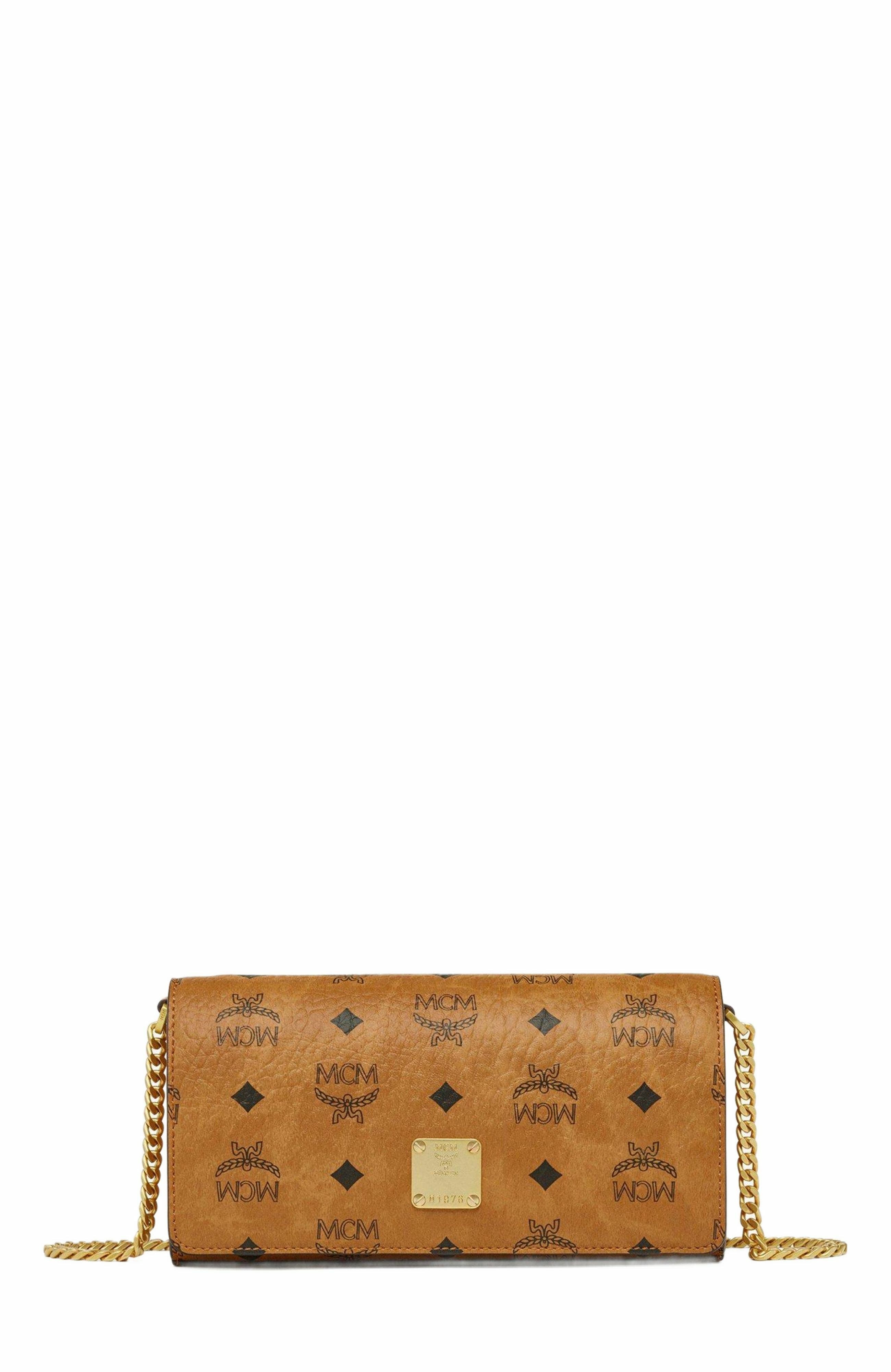 MCM Mini Aren Shoulder Bag in Visetos, Alternate, color, Cognac