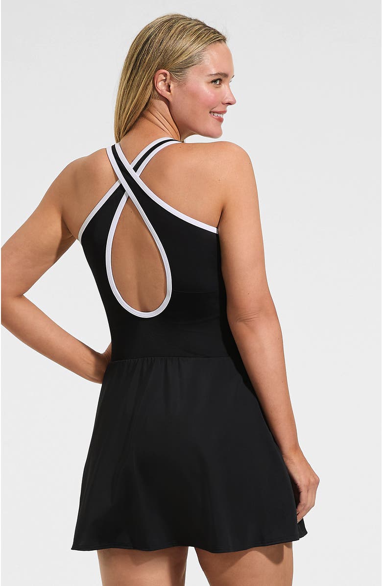 Lands' End Plus Size Tugless High Neck Swim Dress Swimsuit, Alternate, color, Black/White