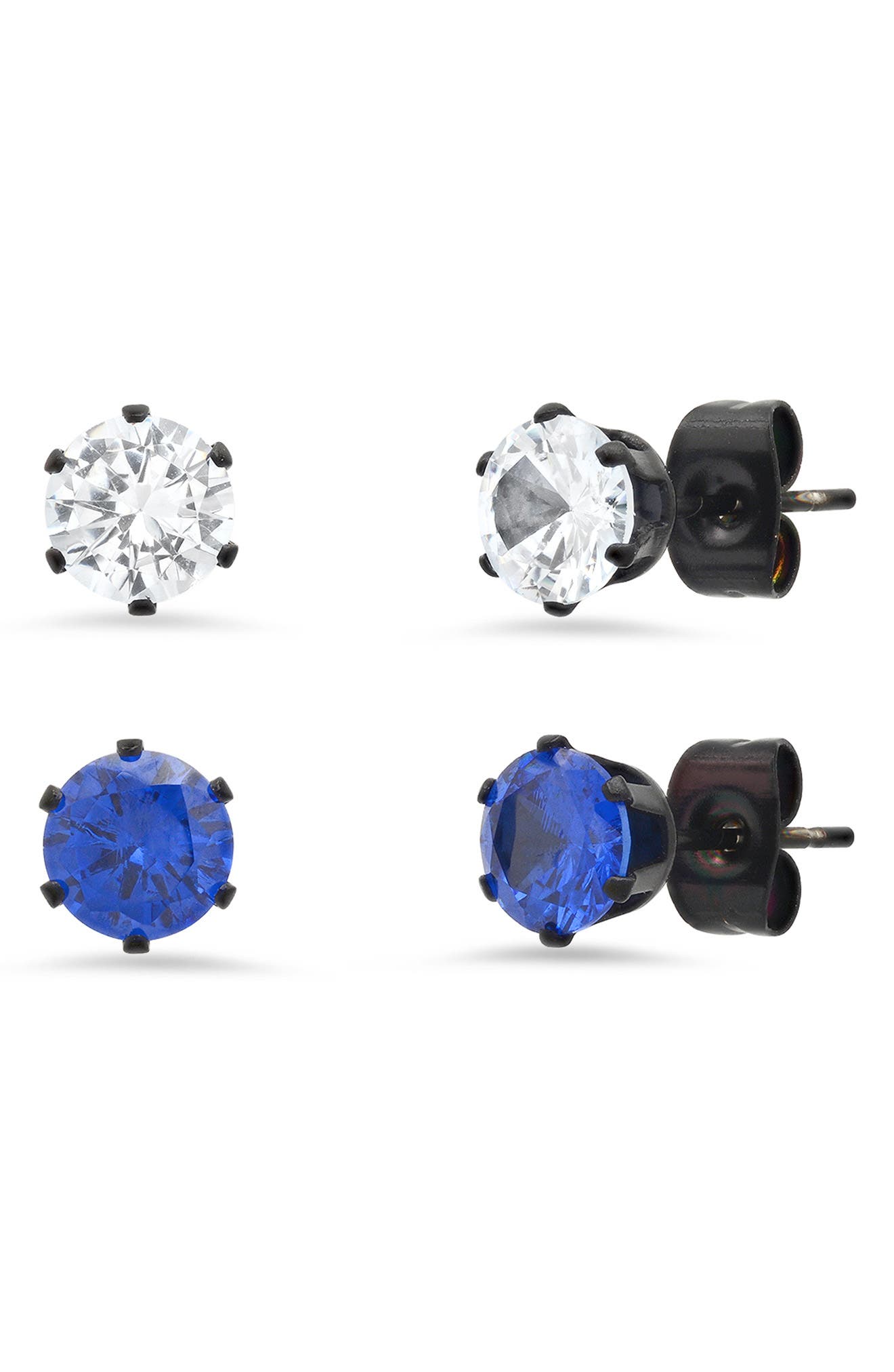 HMY JEWELRY Black IP Stainless Steel Round Simulated Diamond 6mm Stud Earrings Set