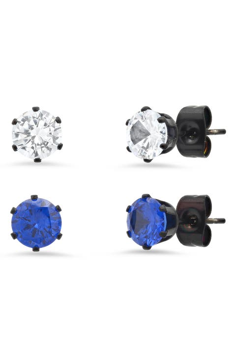 Black IP Stainless Steel Round Simulated Diamond 6mm Stud Earrings Set