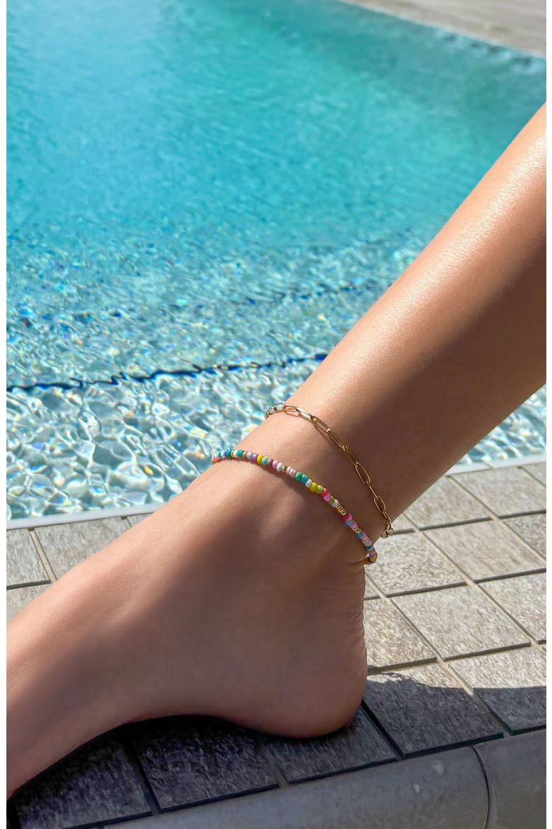 Set of 2 18K Gold Plated Paper Clip Chain & Beaded Anklets, Alternate, color, MULTI