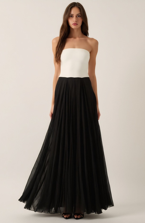 Modenaire Strapless Two-tone Gown With Fitted Bodice And Tulle Skirt In Black