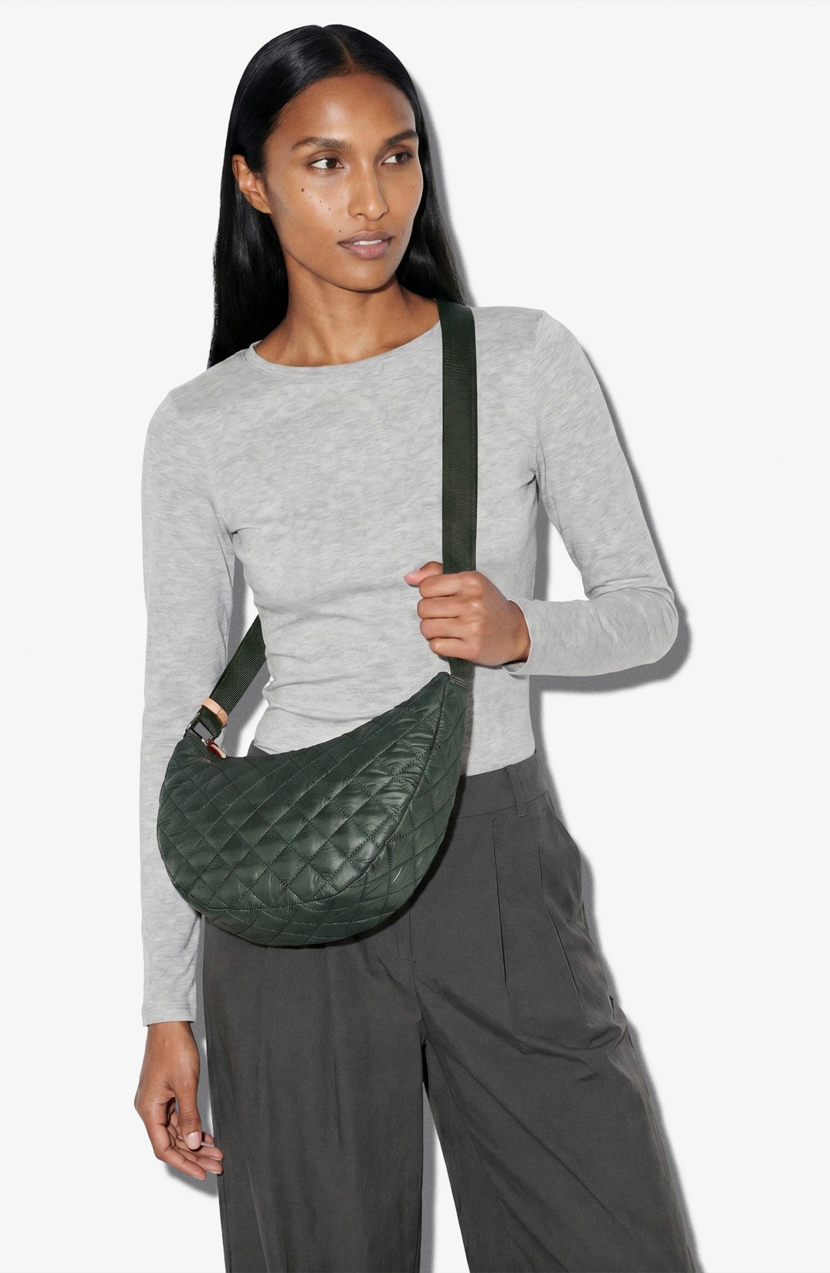Small Metro Smile Quilted Nylon Crossbody Bag, Alternate, color, JUNIPER