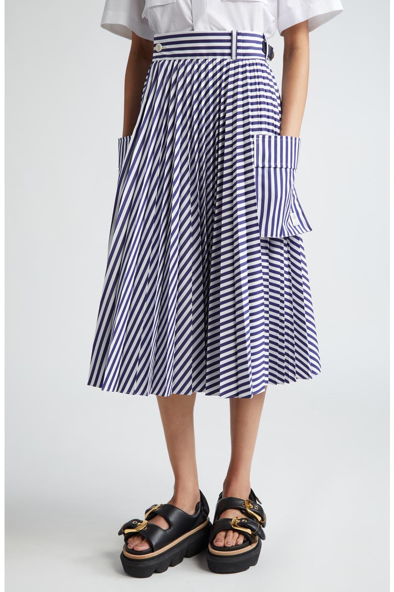 x Thomas Mason Pleated Poplin Cargo Skirt, Main, color, NAVY STRIPE