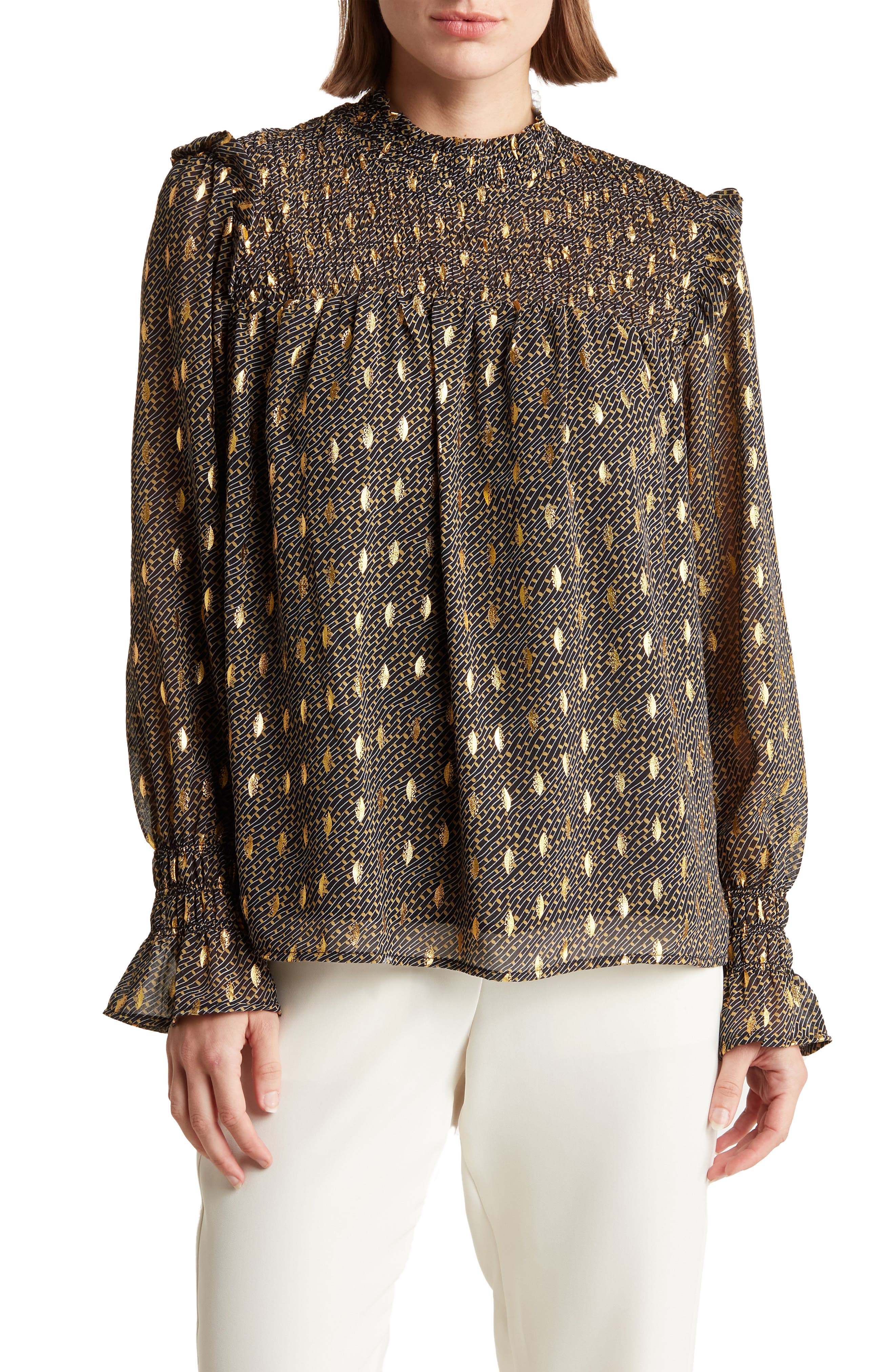MELLODAY Foil Dot Long Sleeve Smocked Babydoll Top (Women) | Nordstromrack