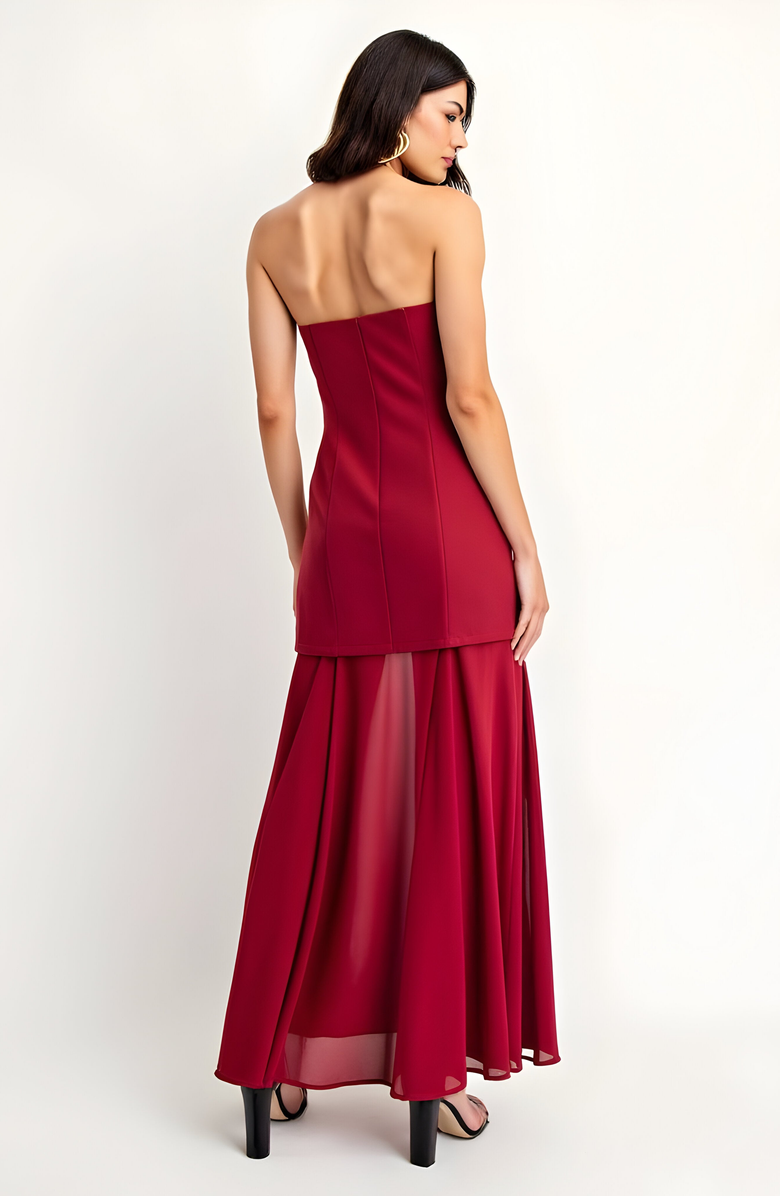 Modenaire Strapless Evening Gown with Sheer Panel Skirt and Fitted Bodice, Alternate, color, Red