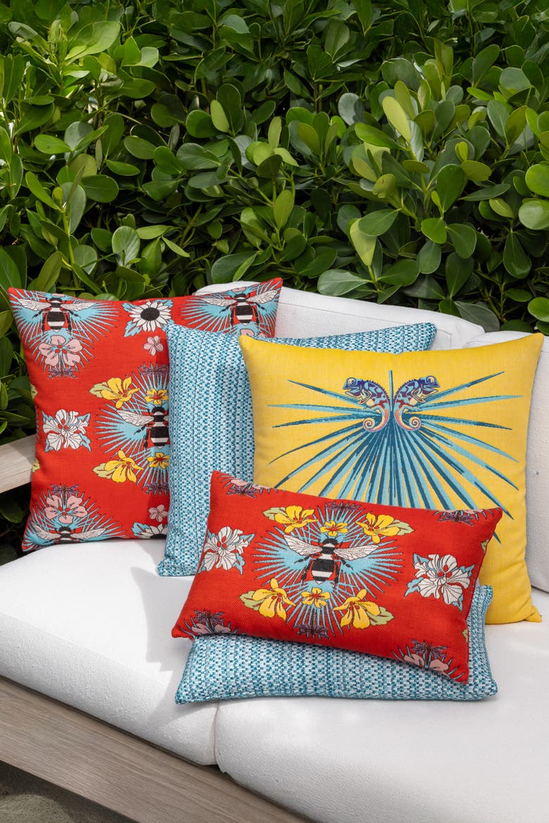 Tropical Bee Jacquard Chenille accented Indoor & Outdoor Woven Accent Pillow, Alternate, color, Red