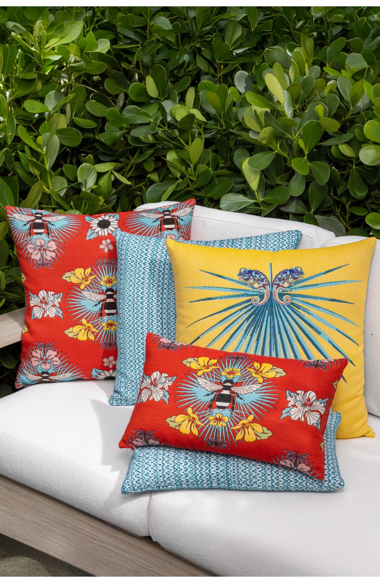 Elaine Smith Tropical Bee Jacquard Chenille accented Indoor & Outdoor Woven Accent Pillow, Alternate, color, Red