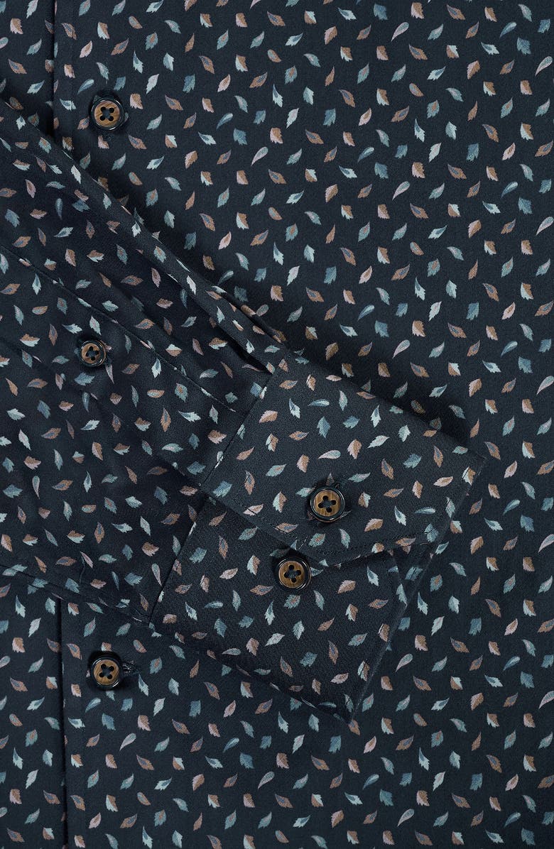 Bugatchi Alvin Trim Fit Leaf Print Stretch Cotton Button-Up Shirt, Alternate, color, Navy