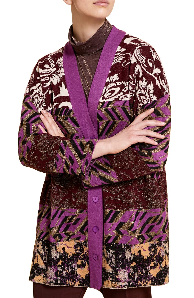 Marina Rinaldi Miranda Metallic Jacquard Cardigan, Main, color, 
