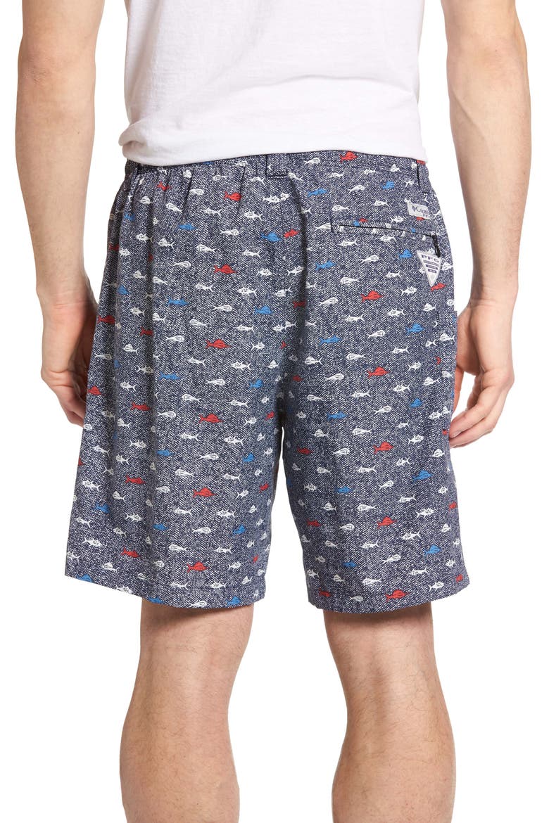PFG Backcast II Print Swim Trunks, Alternate, color, COLLEGIATE NAVY FISH SCHOOL