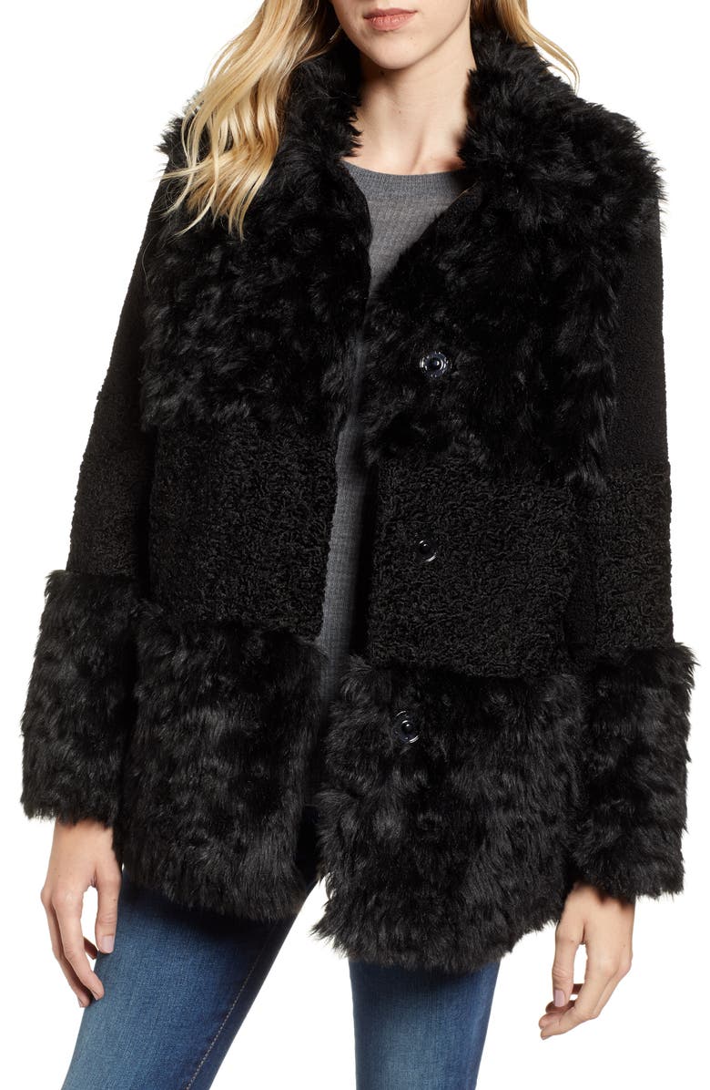 Kensie Faux Fur Patchwork Coat, Main, color, 