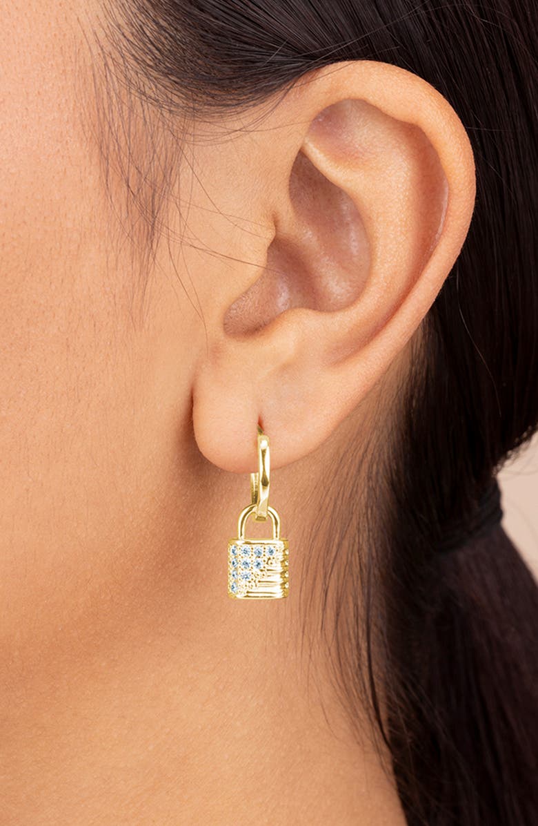 Sterling Forever Lilian Cubic Zirconia Lock Hoop Earrings, Alternate, color, Gold