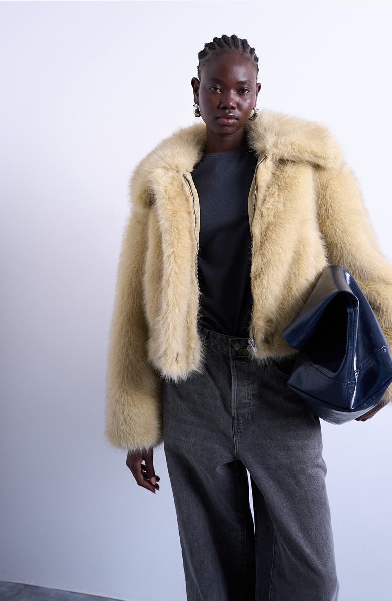 Topshop Faux Fur Bomber Jacket, Main, color, Buttermilk