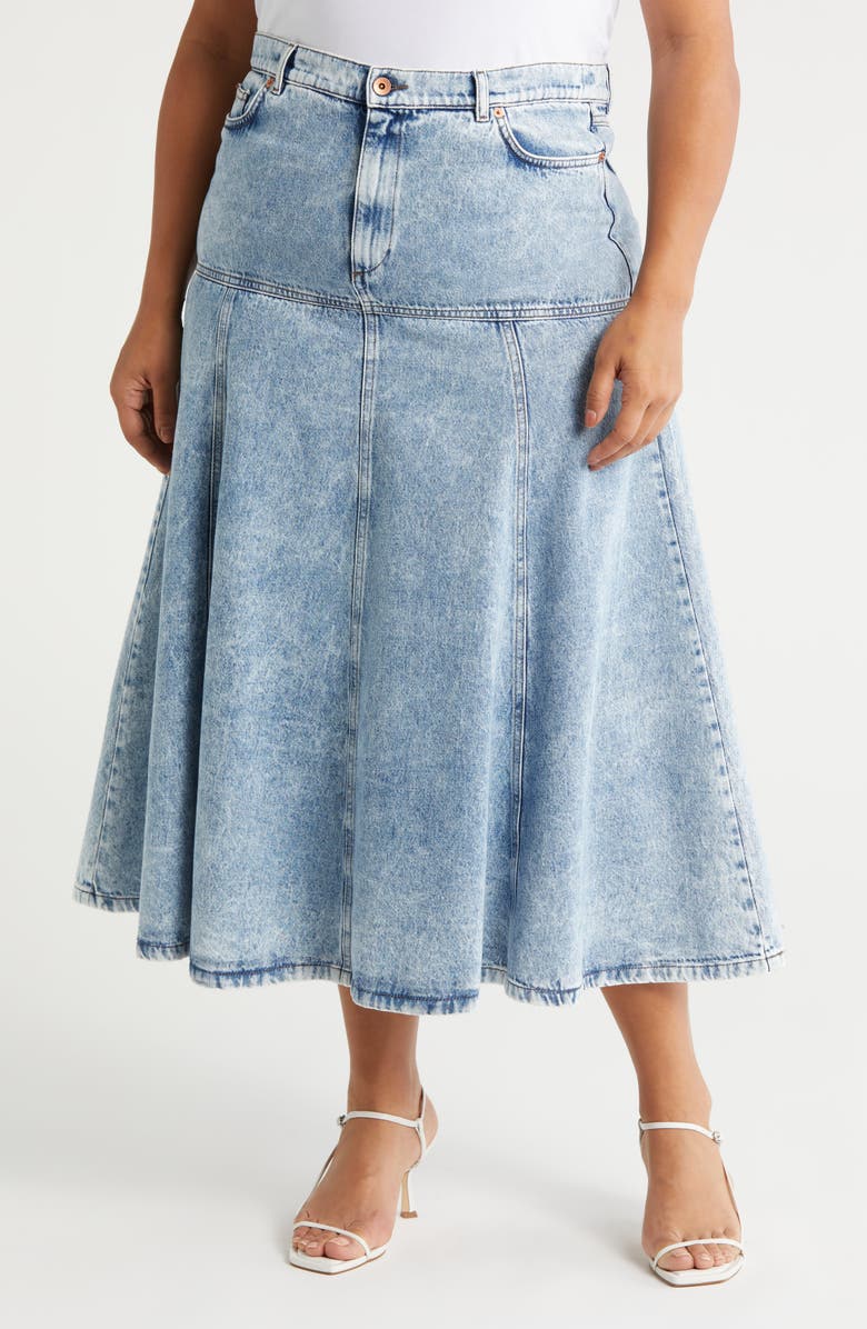 Marina Rinaldi Fascia Pleated A-LIne Denim Skirt, Main, color,