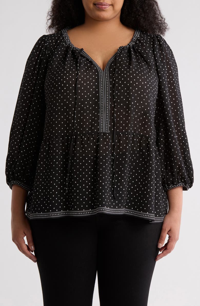 MAX STUDIO Dot Print Tie Keyhole Long Sleeve Top, Main, color, Black/ Ivory Dot