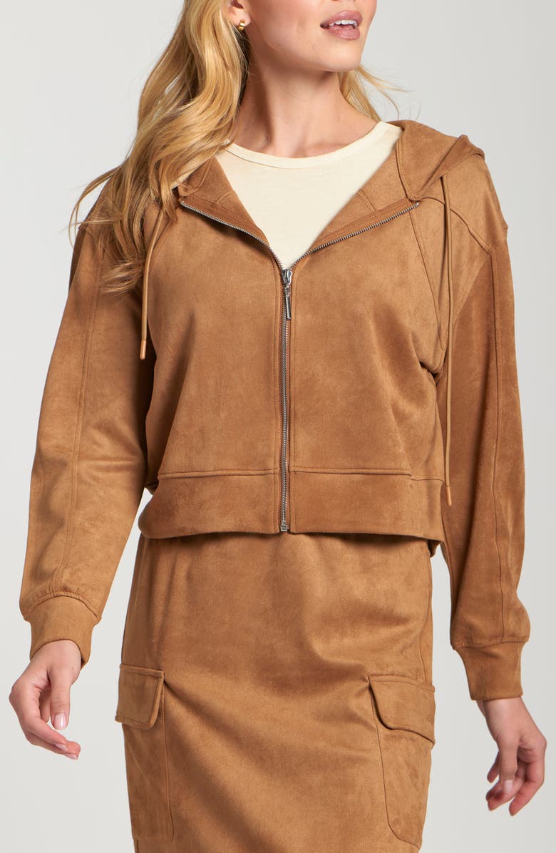 APNY Stretch Faux Suede Hoodie, Main, color, Caramel