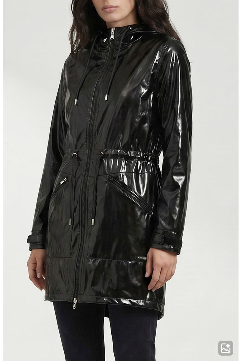 Sibil-V Hooded Water Resistant Coated Vinyl Raincoat, Alternate, color, BLACK VINYL