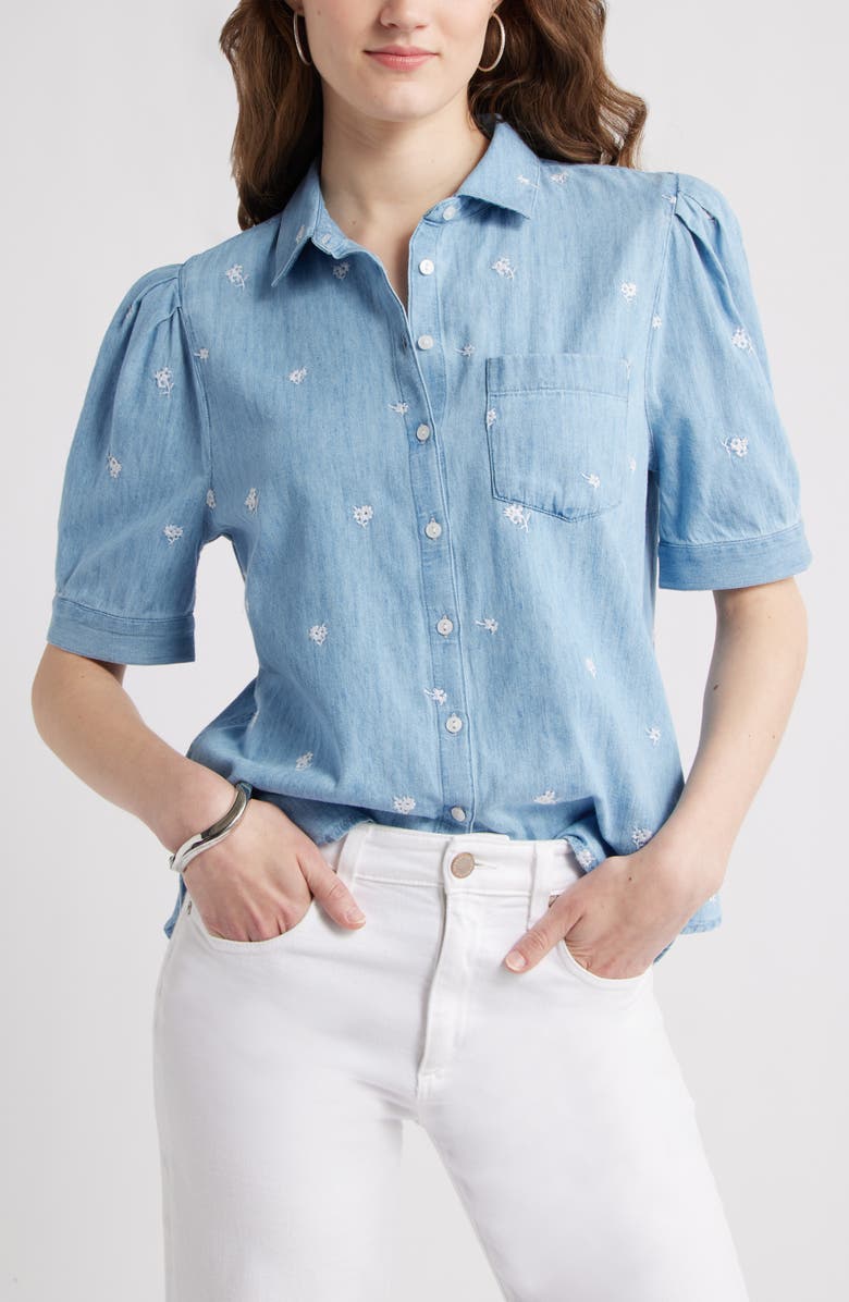 Caslon<sup>®</sup> Embroidered Short Sleeve Chambray Button-Up Shirt, Main, color, 
