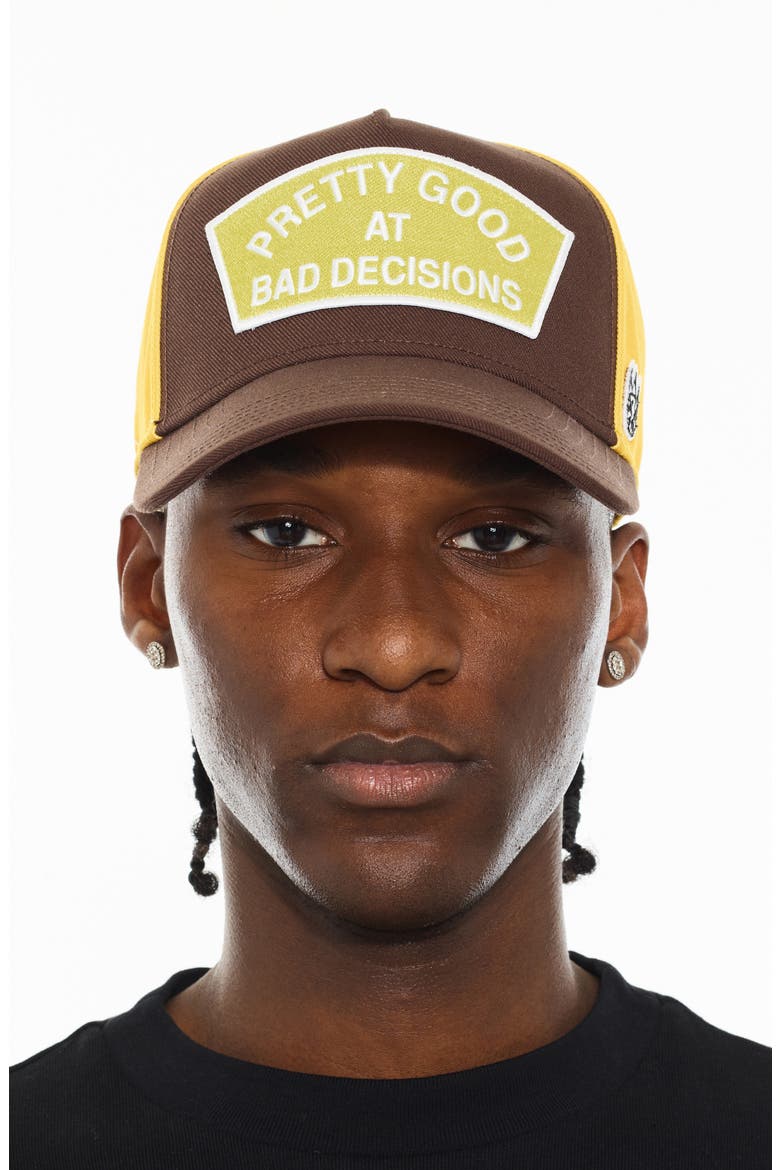 Pretty Good at Bad Decisions Trucker Hat, Main, color, CHOCOLATE