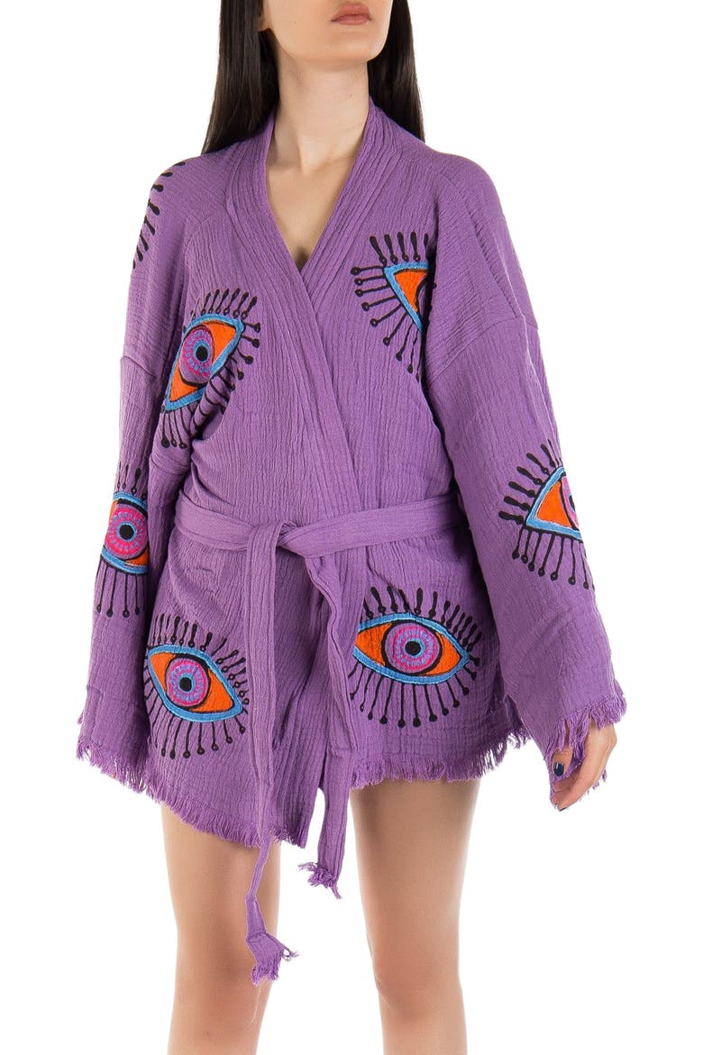 Sereia Evil Eye Handmade Cotton Short Robe Cover-Up, Alternate, color, Purple