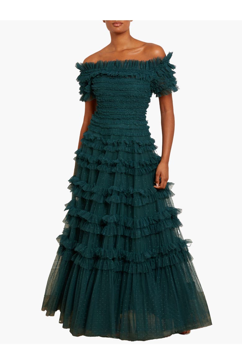 Lisette Ruffle Off Shoulder Gown, Main, color, Emerald