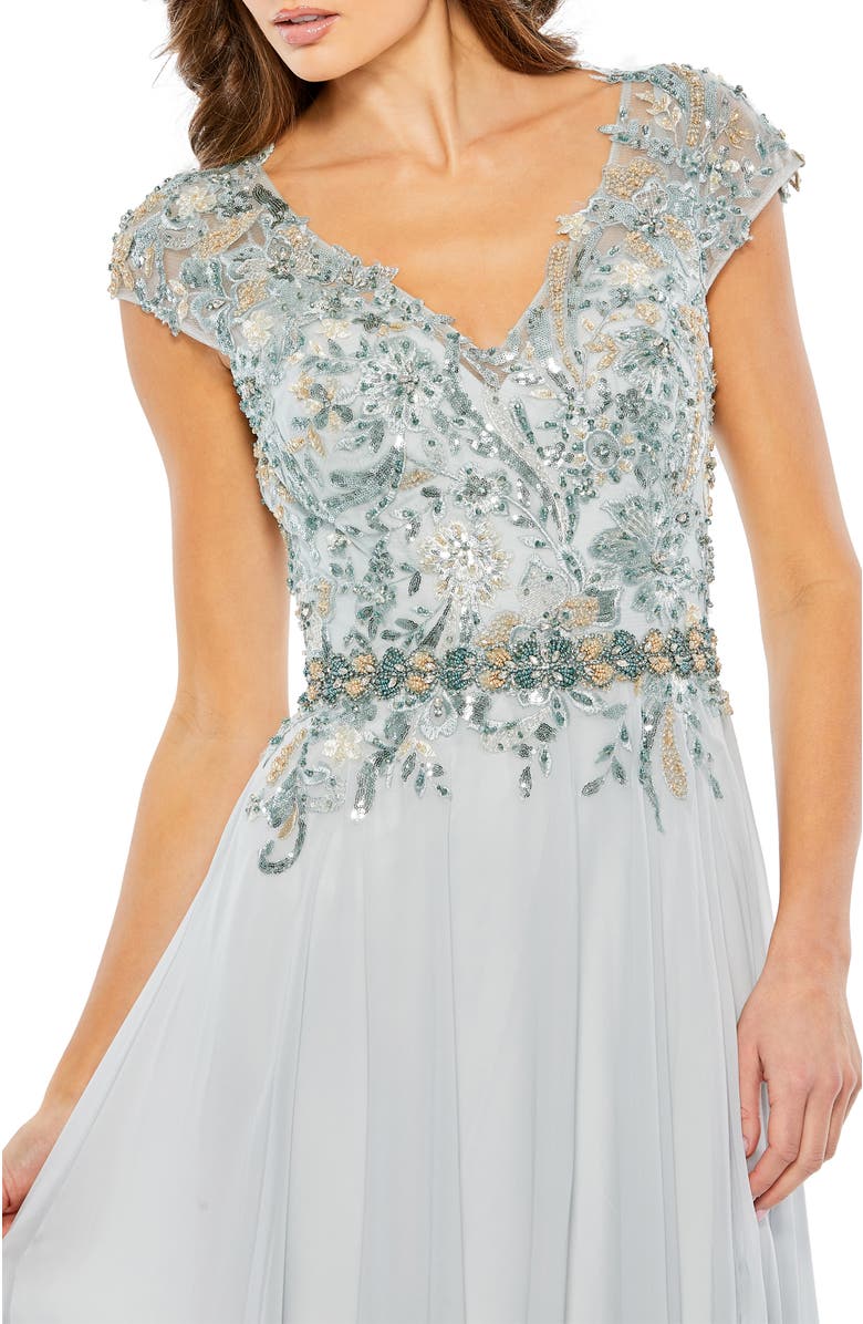 Mac Duggal Embellished Cap Sleeve Bodice Chiffon Gown, Alternate, color, Seamist