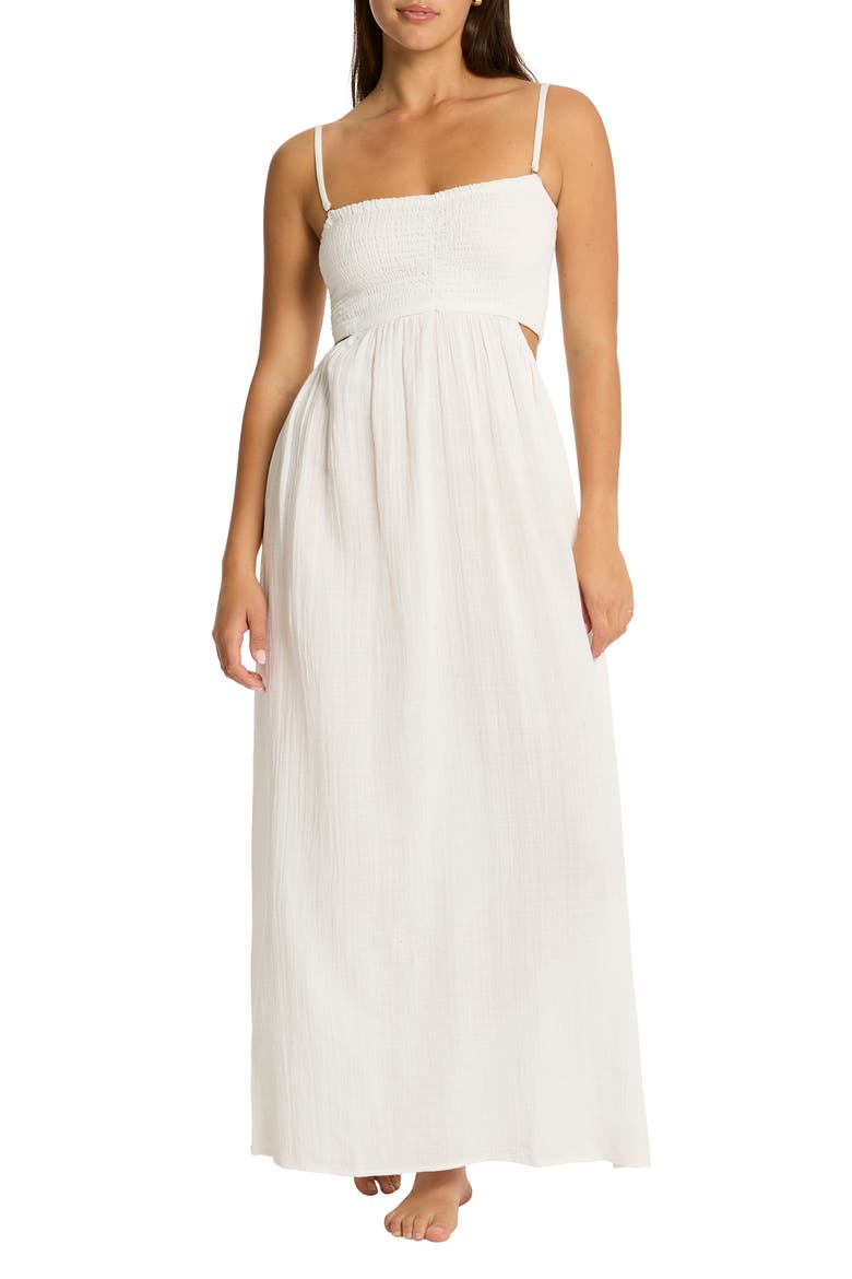 Smocked Bodice Cotton Seersucker Cover-Up Dress, Main, color, WHITE