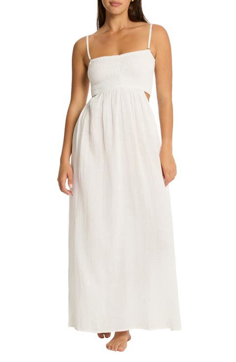 Smocked Bodice Cotton Seersucker Cover-Up Dress